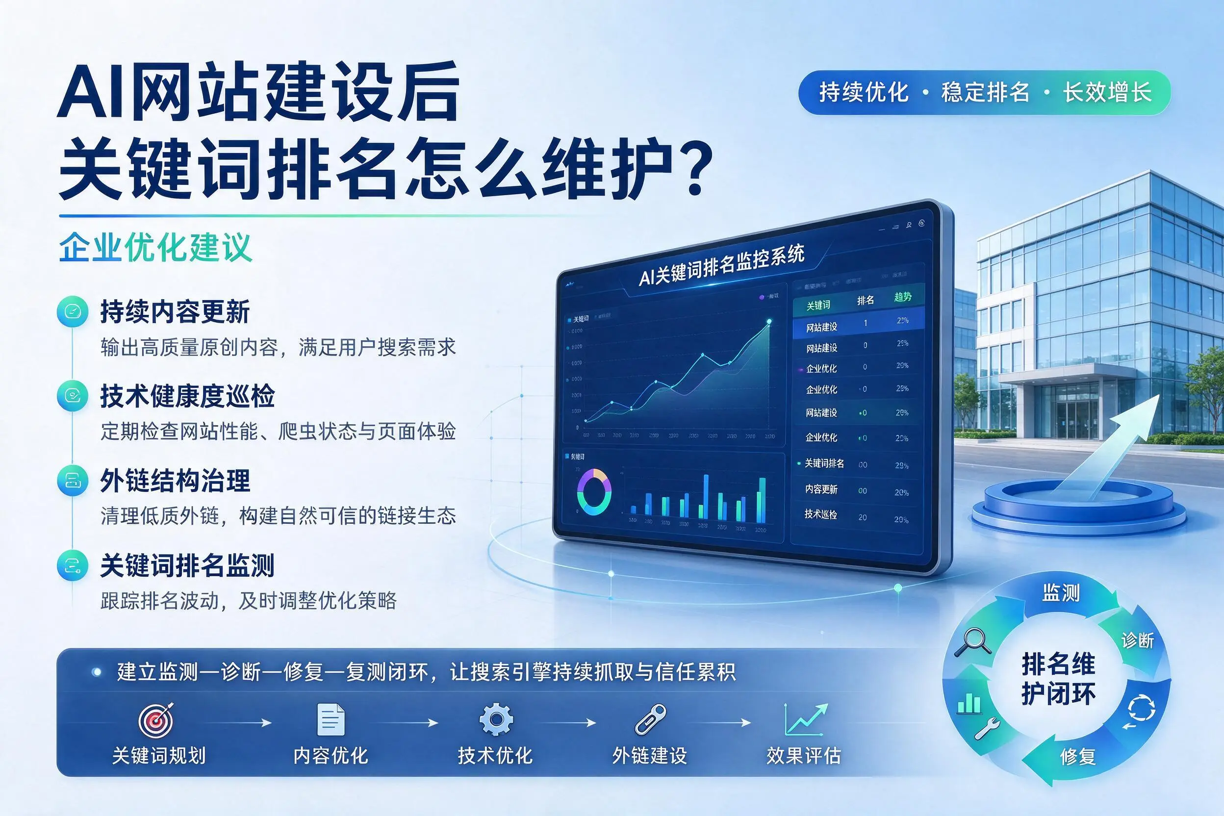 AI网站建设后关键词排名怎么维护?龙岩企业优化建议