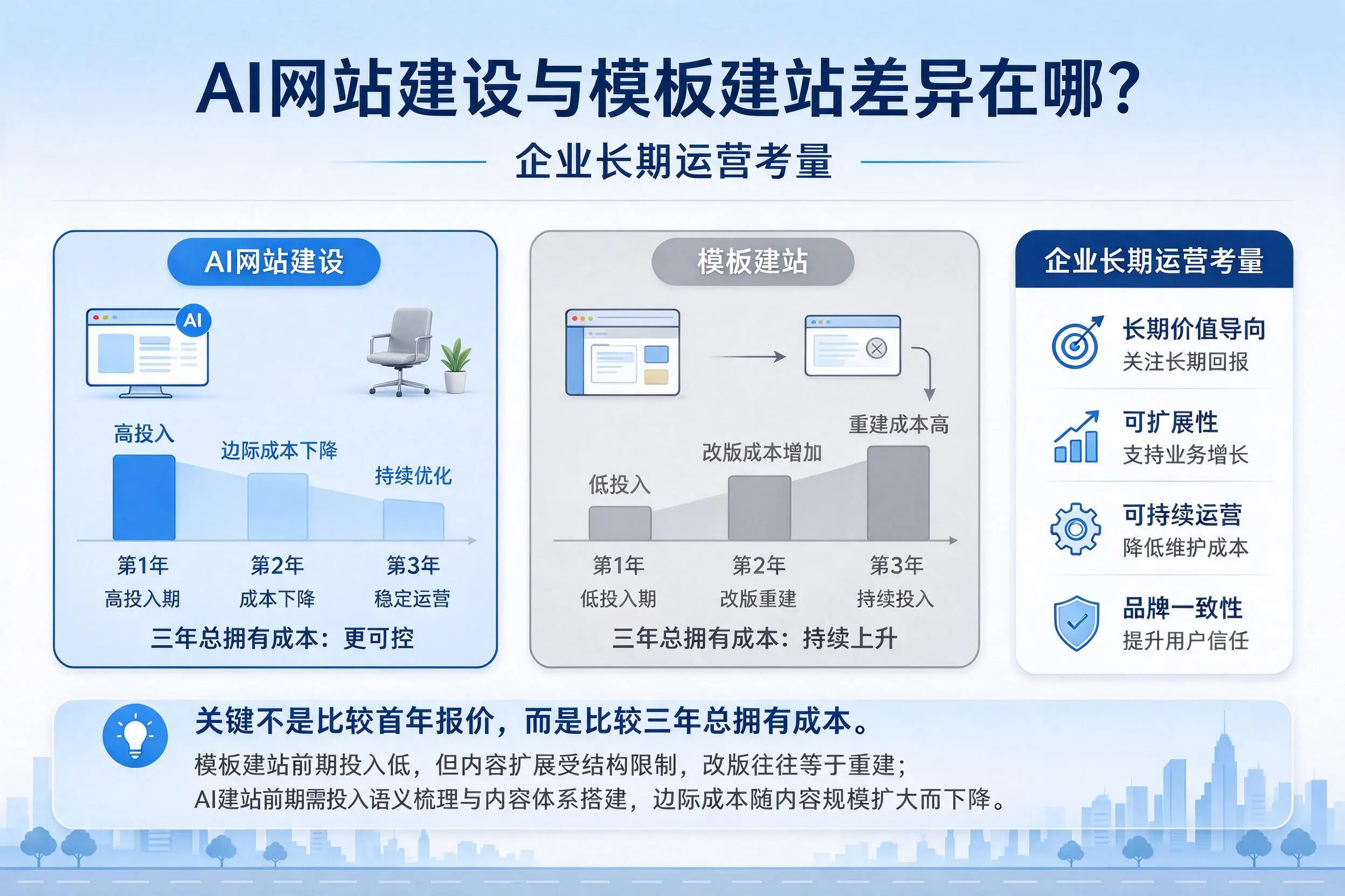 AI网站建设与模板建站差异在哪？龙岩企业长期运营考量
